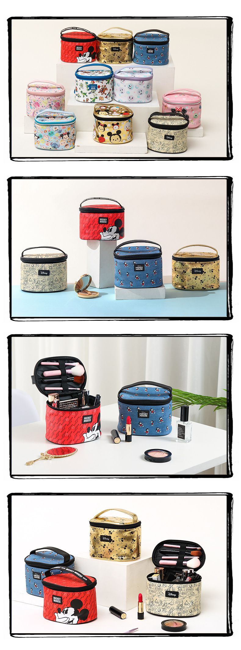 圓桶化妝包-卡通米奇-金色-滿版