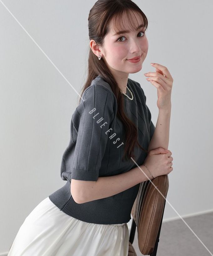 日本 BLUE EAST - 羅紋彈性薄針織五分袖上衣-薄荷綠