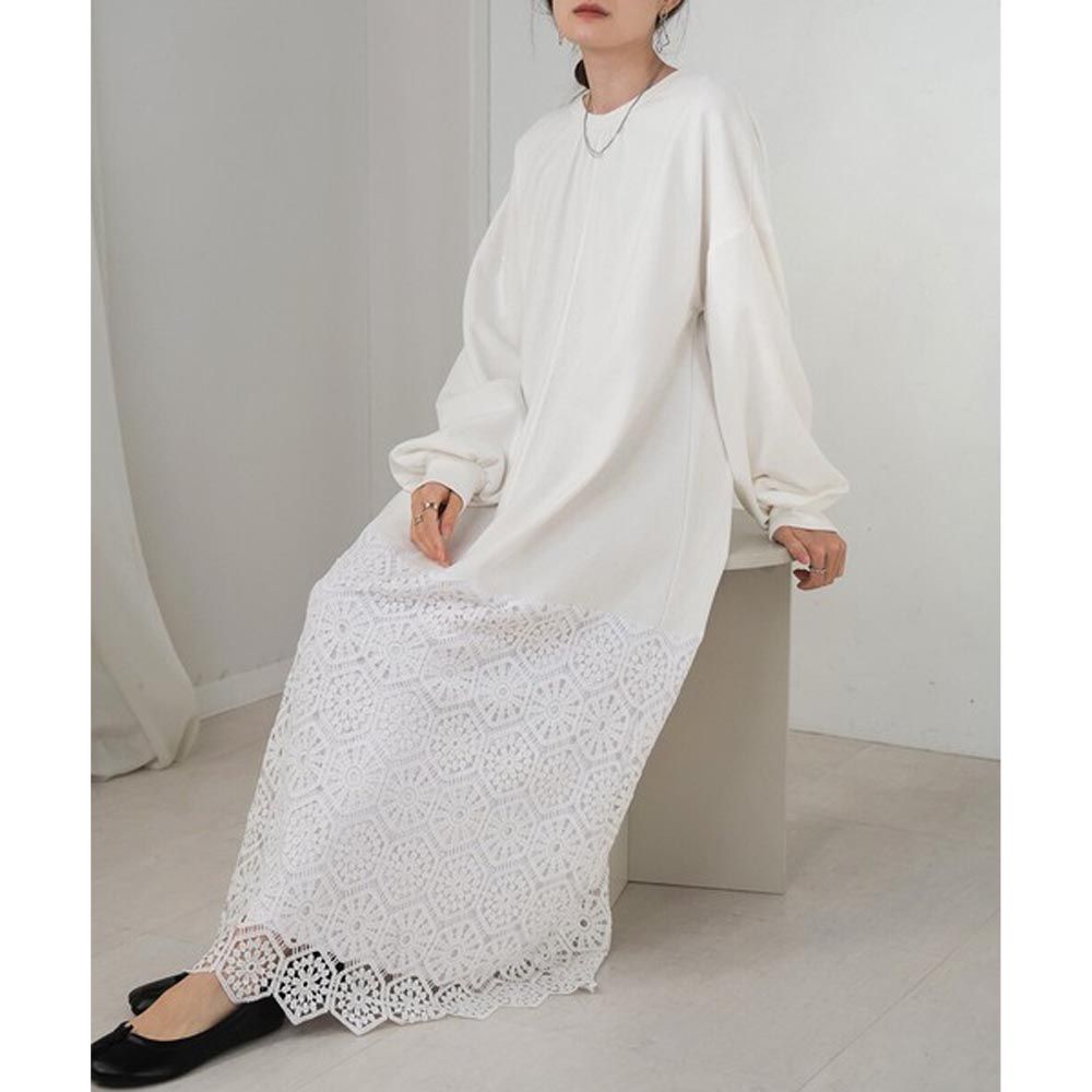 日本 Bab - 蕾絲雕花優雅休閒長袖洋裝-白