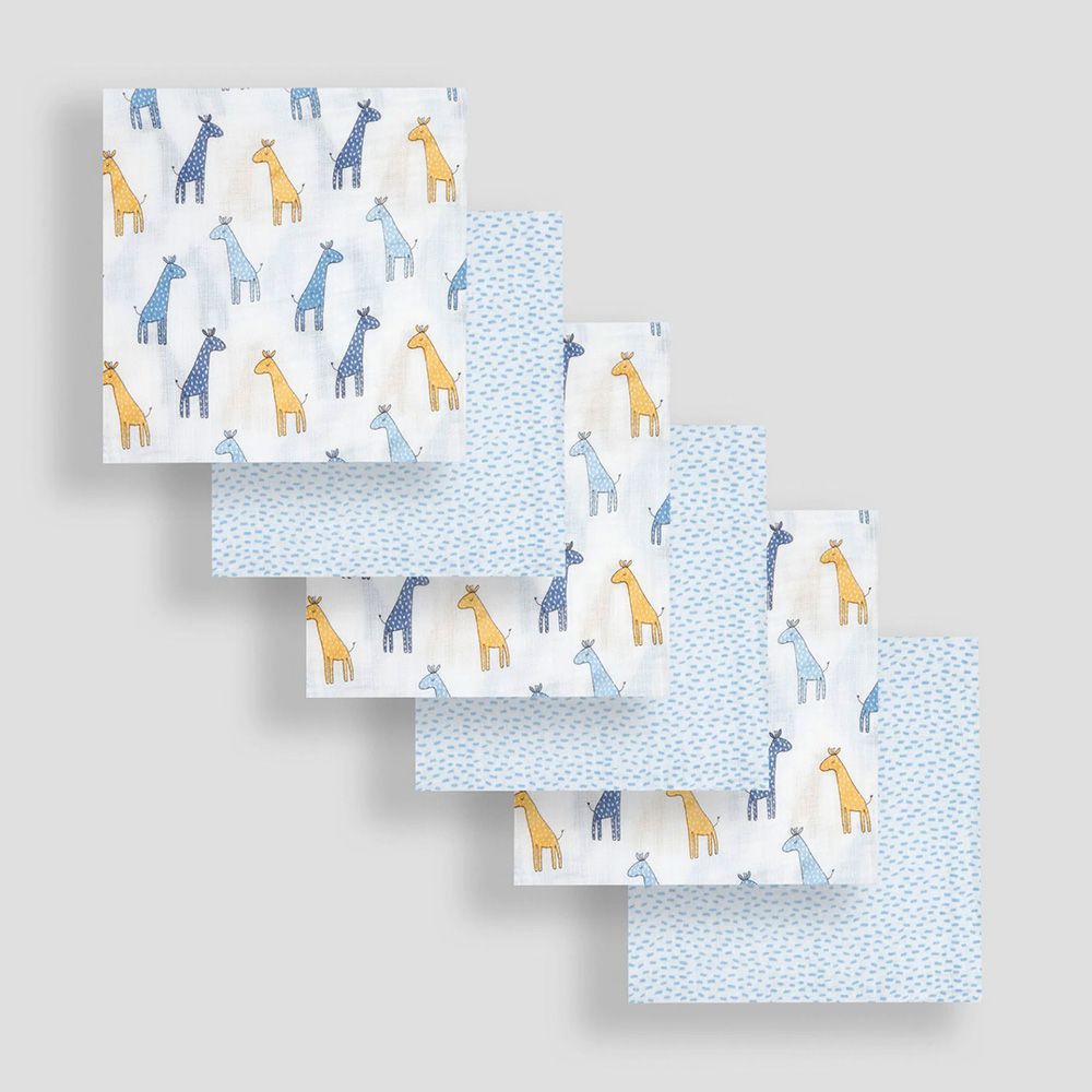 100% 純棉多功能細紗布方巾/包巾/小薄被/拍嗝巾/安撫巾 6入禮盒組(60*60cm)-藍色長頸鹿