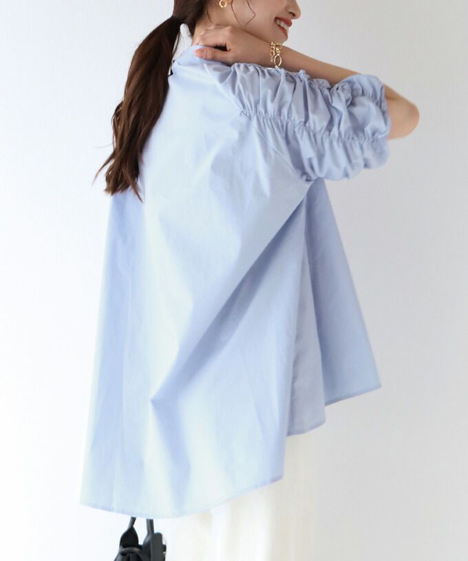 日本 BLUE EAST - 優雅小立領抓皺五分袖襯衫-水藍