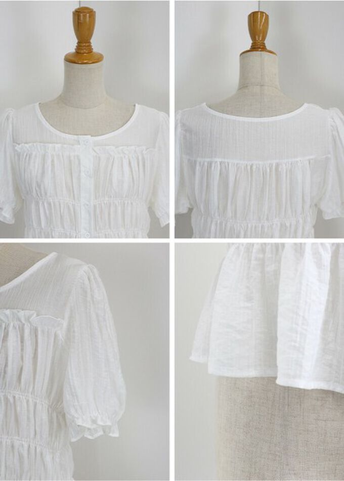 日本 BLUE EAST - 顯瘦皺摺荷葉泡泡短袖上衣-白