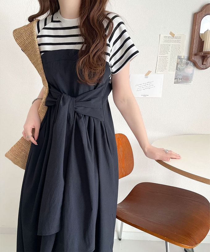 日本 Classical Elf - 綁帶2way清爽拼接感短袖洋裝-條紋x黑