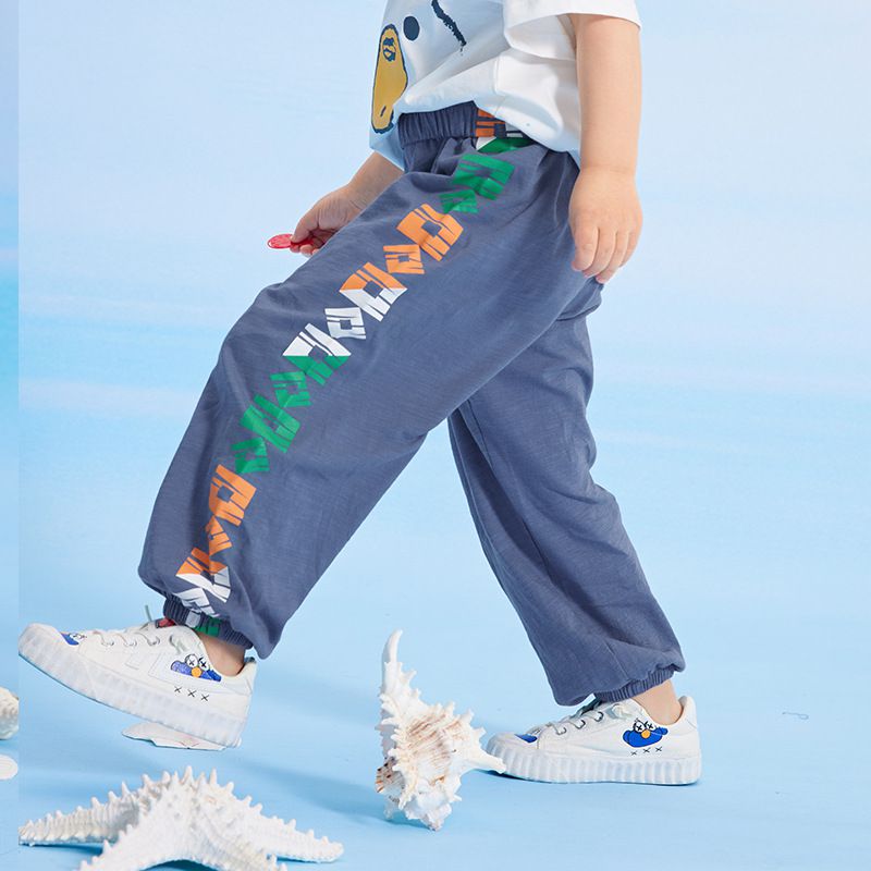 竹節棉束口長褲/防蚊褲-方形幾何-灰藍色