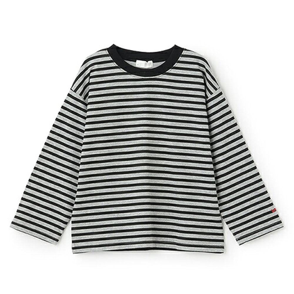 100%棉 寬鬆落肩定番條紋長袖上衣-灰黑