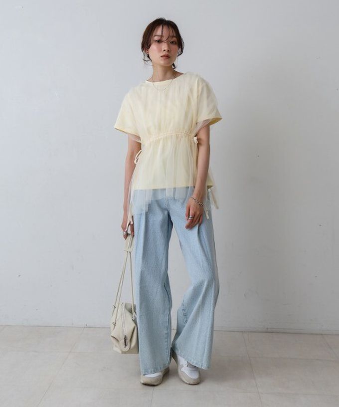 日本 Bab - 仙氣皺摺薄紗 腰綁帶短袖上衣-象牙黃