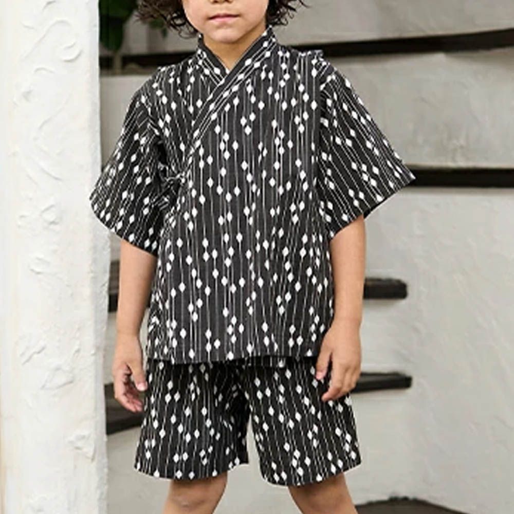 100%棉 夏季甚平套裝-柳垂紋-灰黑