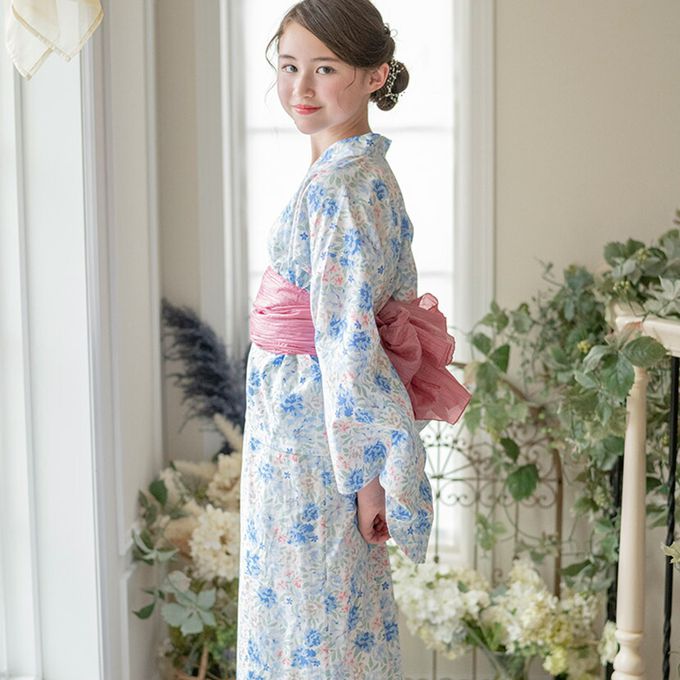 日本 Catherine Cottage - 夢幻2way純棉兵兒帶浴衣(可當洋裝)-小花與貓-藍白