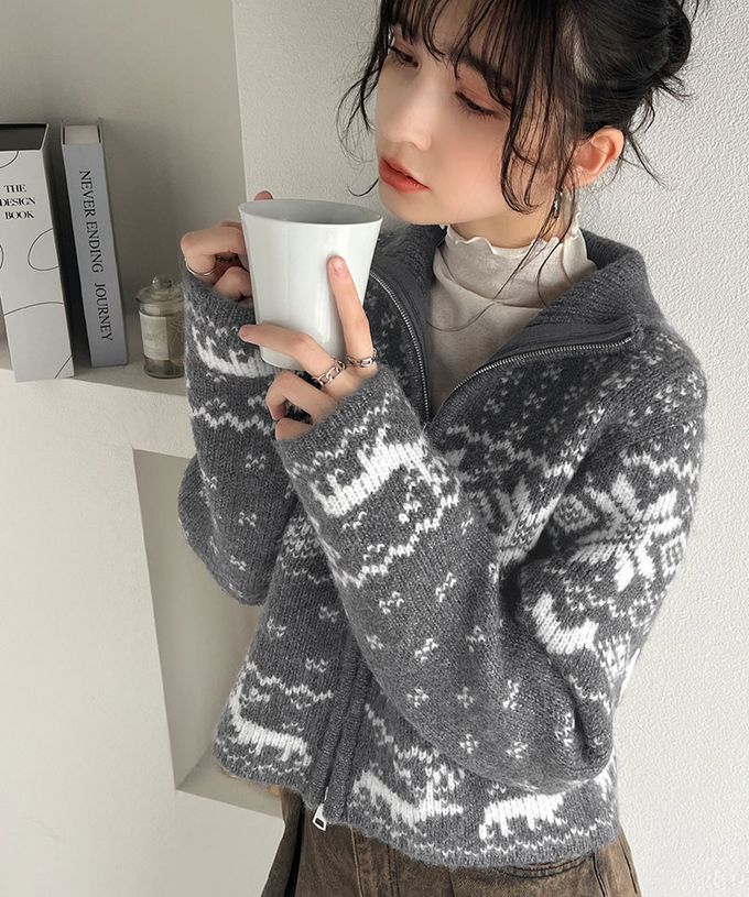 日本 Classical Elf - mily bilet 北歐雪花氛圍短版針織外套-灰x白
