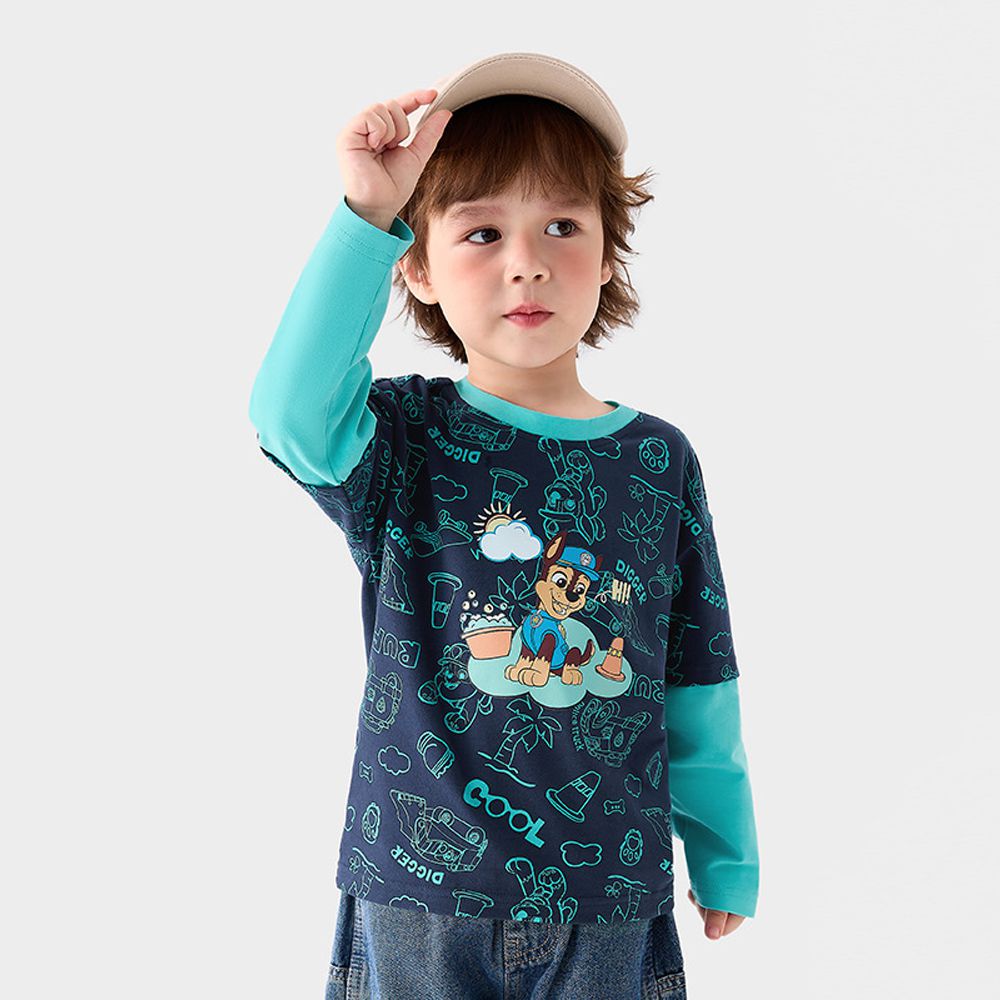 卡通汪汪隊假兩件長袖上衣-卡通人物阿奇-藏青/藍綠