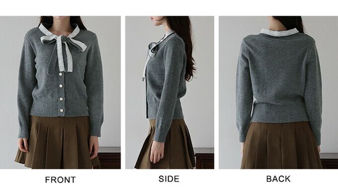 日本 BLUE EAST - 少女爛漫蕾絲蝴蝶結開襟衫-灰