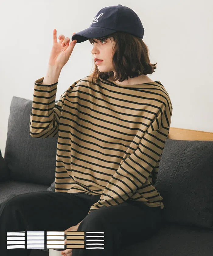 日本 COCA - [熱銷推薦] 百搭船領薄長袖上衣-條紋-灰x白