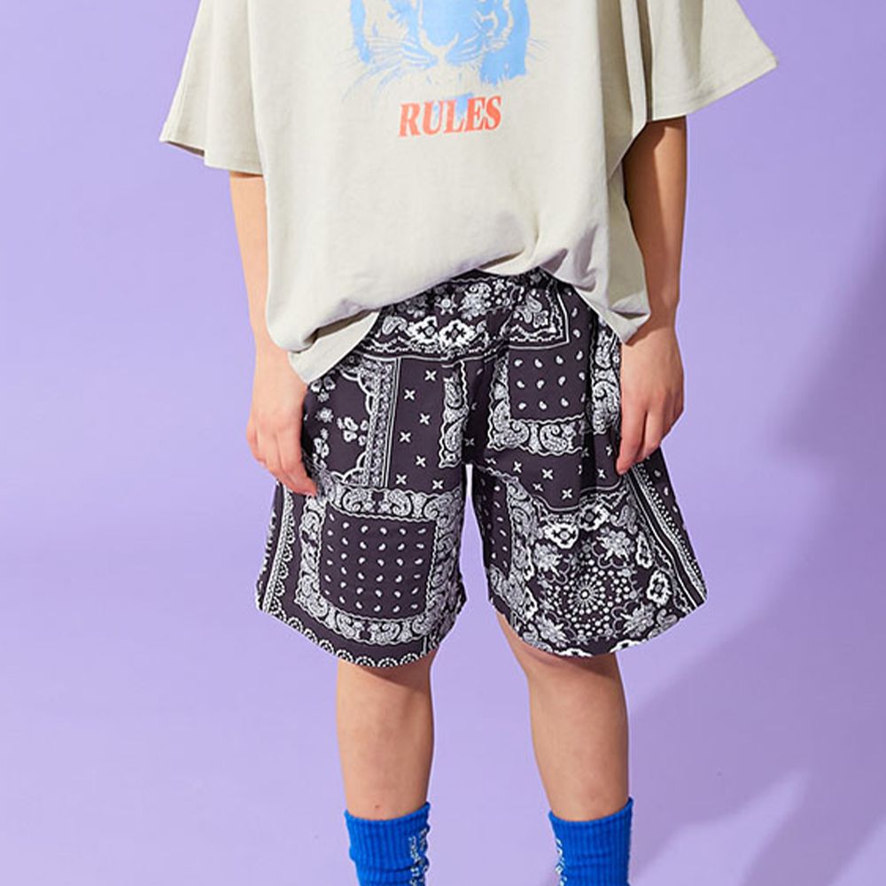 夏日印花純棉寬版短褲-南洋風-灰紫