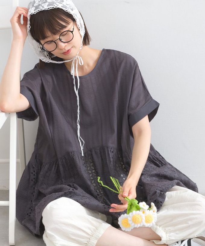 日本 Lupilien - 100%印度棉 柔美緹花長版短袖上衣-桃紅