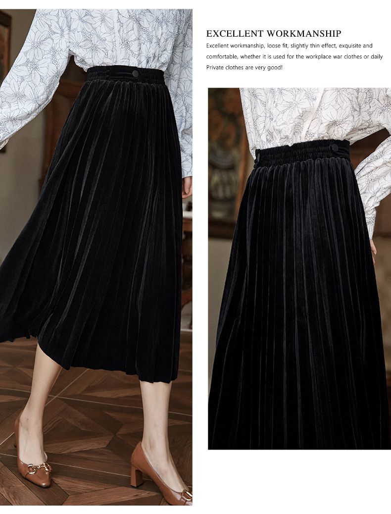 復古閃亮百褶半身裙-黑色