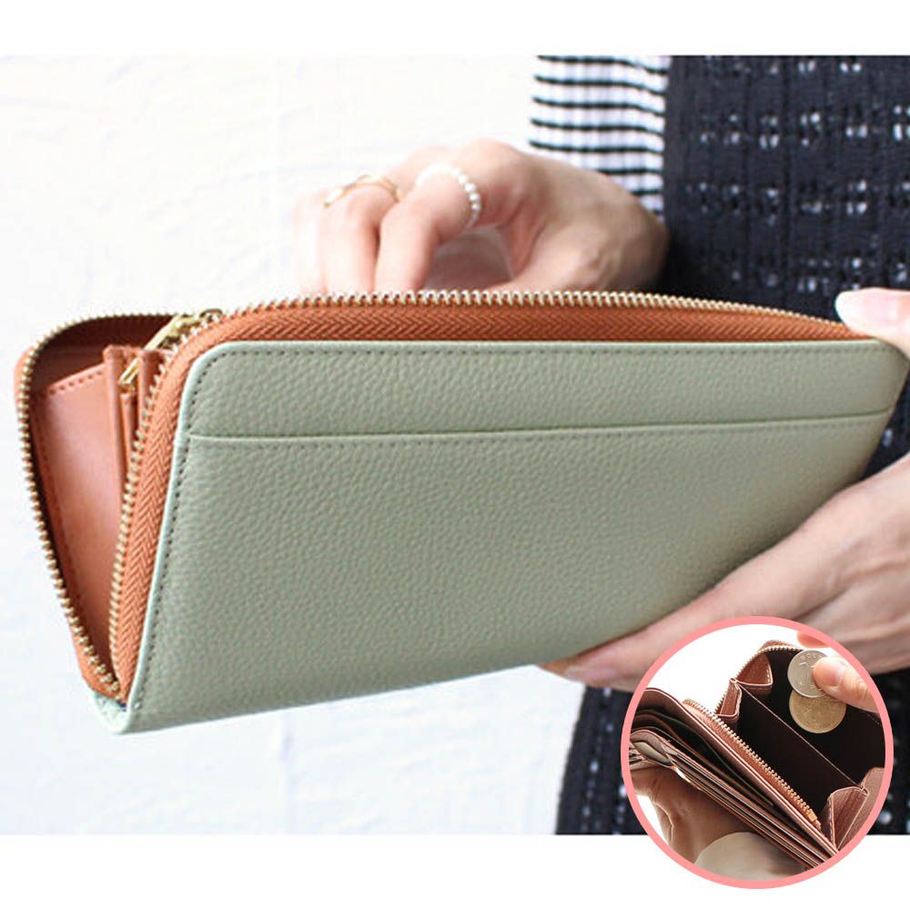 [樂天No.1] 超強收納防盜設計長夾-撞色-果綠x橘棕 (20x10.5cm)