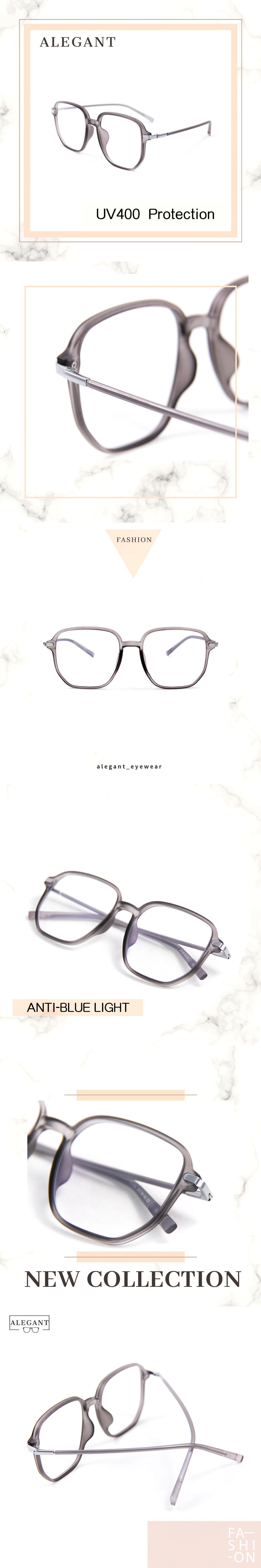 ALEGANT - 日系簡約透視感蓋亞灰TR90輕量光學方框UV400濾藍光眼鏡
