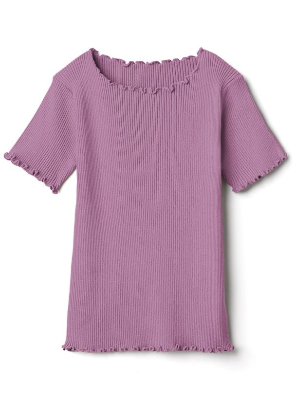 日本 GRL - 圓領木耳捲邊合身短袖上衣-煙燻粉