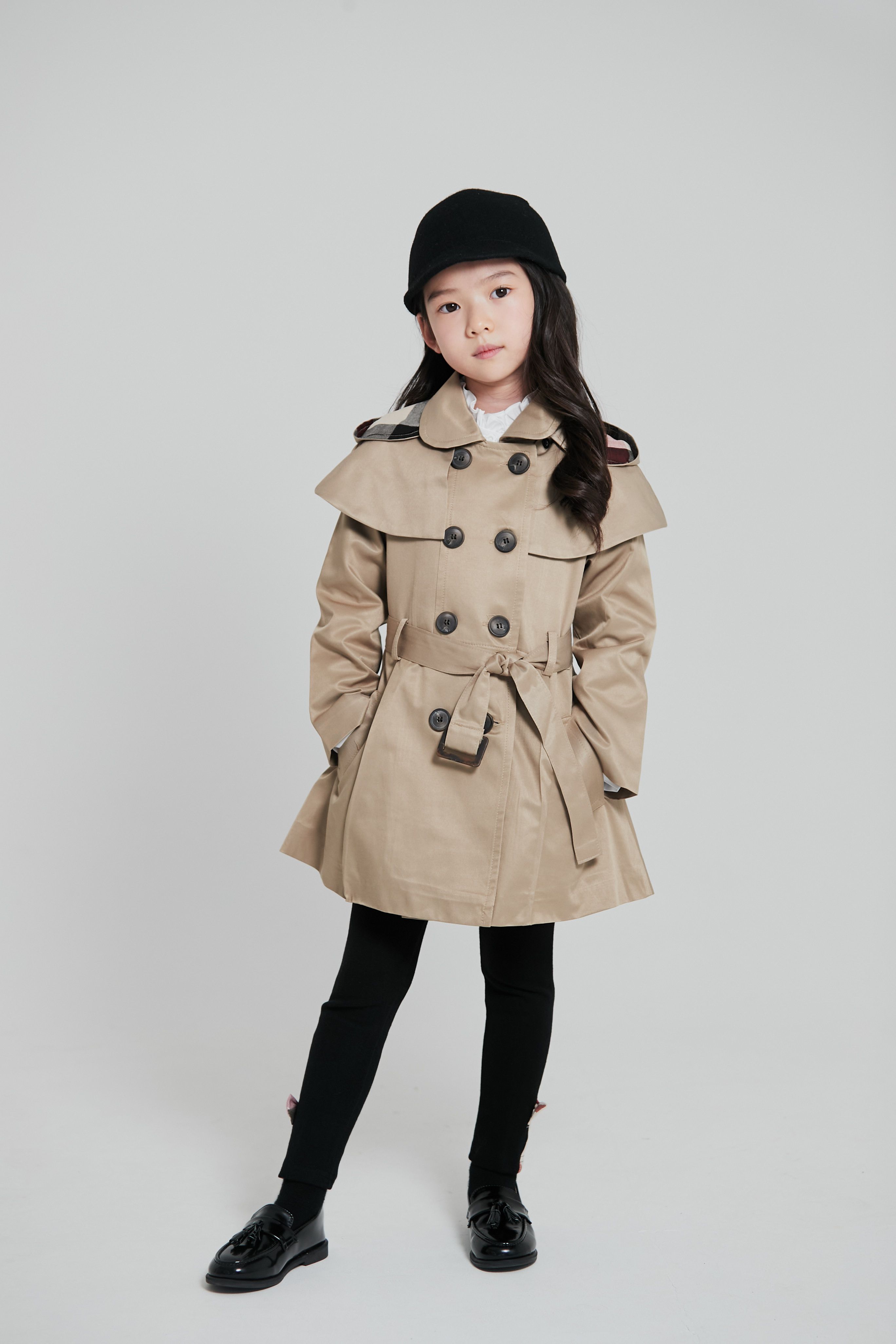 韓國 Coco Bang - 高質感雙排釦連帽風衣外套-卡其