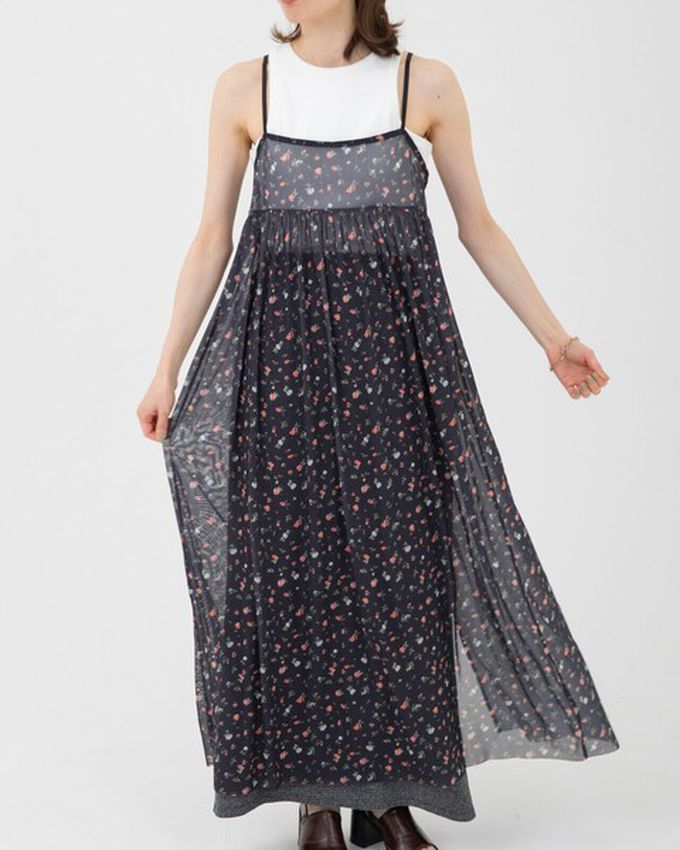 日本 gleam - 前後2way浪漫小花細肩帶薄紗洋裝-象牙米