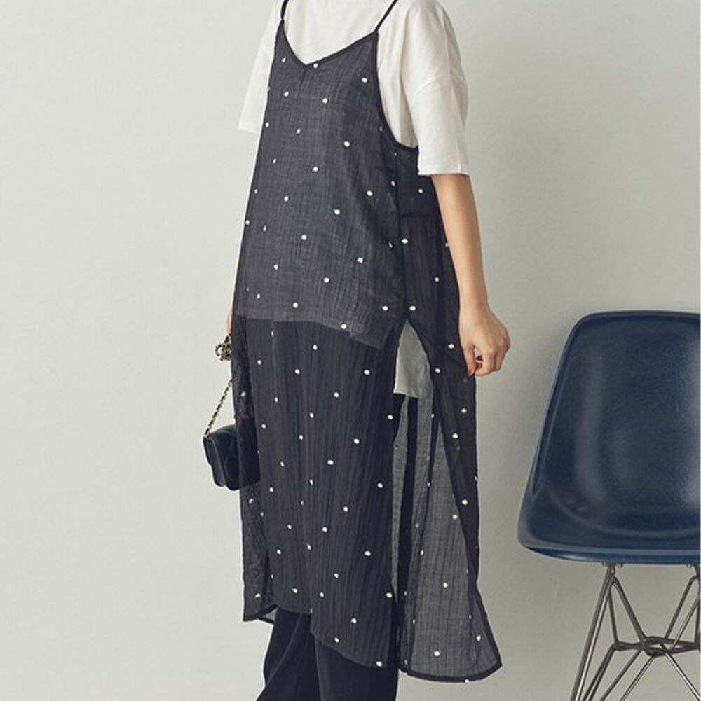 透膚刺繡清爽嫘縈吊帶洋裝-圓點-黑