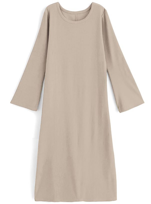 日本 GRL - 圓領素色百搭長袖洋裝-淺米杏