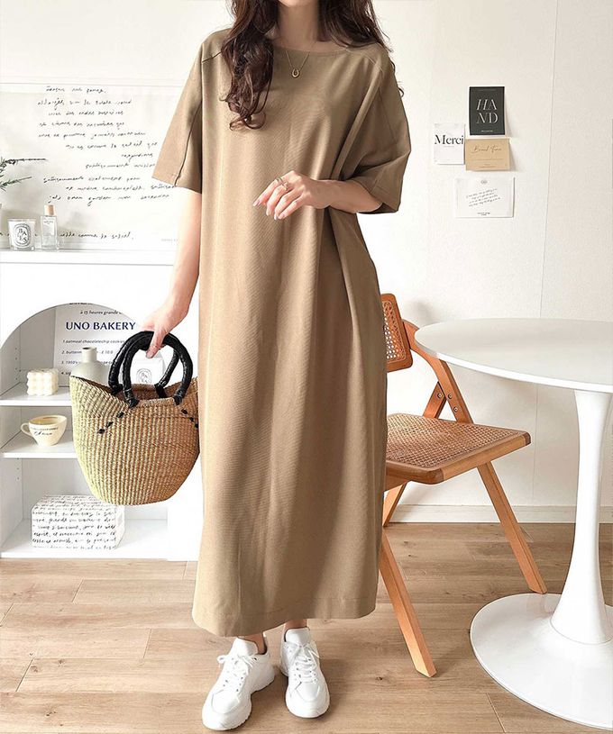 日本 Classical Elf - 亞麻感洗練線條短袖洋裝-摩卡棕