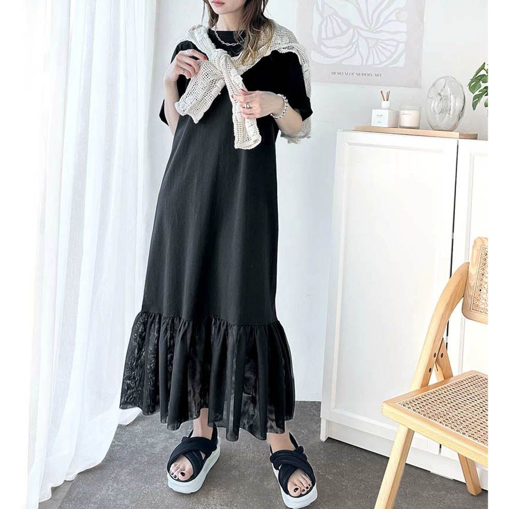 飄逸下擺薄紗休閒短袖洋裝-黑