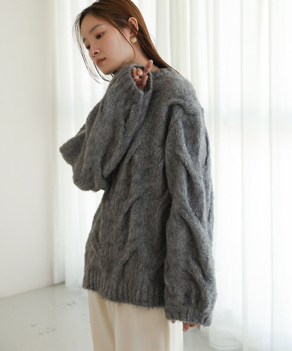 日本 Bab - 季節感立體麻花大寬袖針織上衣-深灰