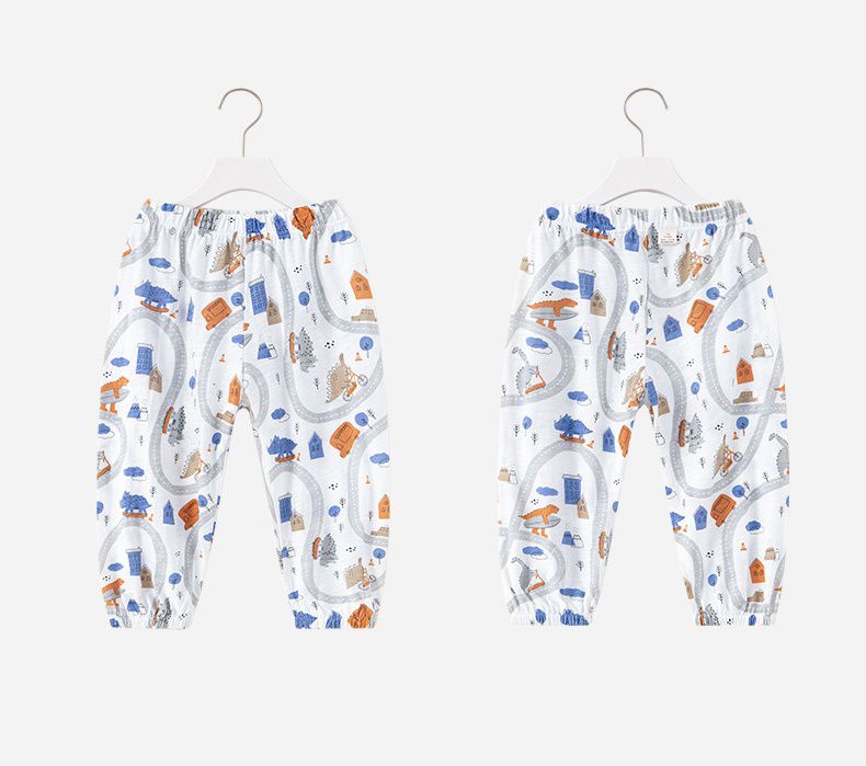 純棉束口長褲/防蚊褲-恐龍城鎮-白色