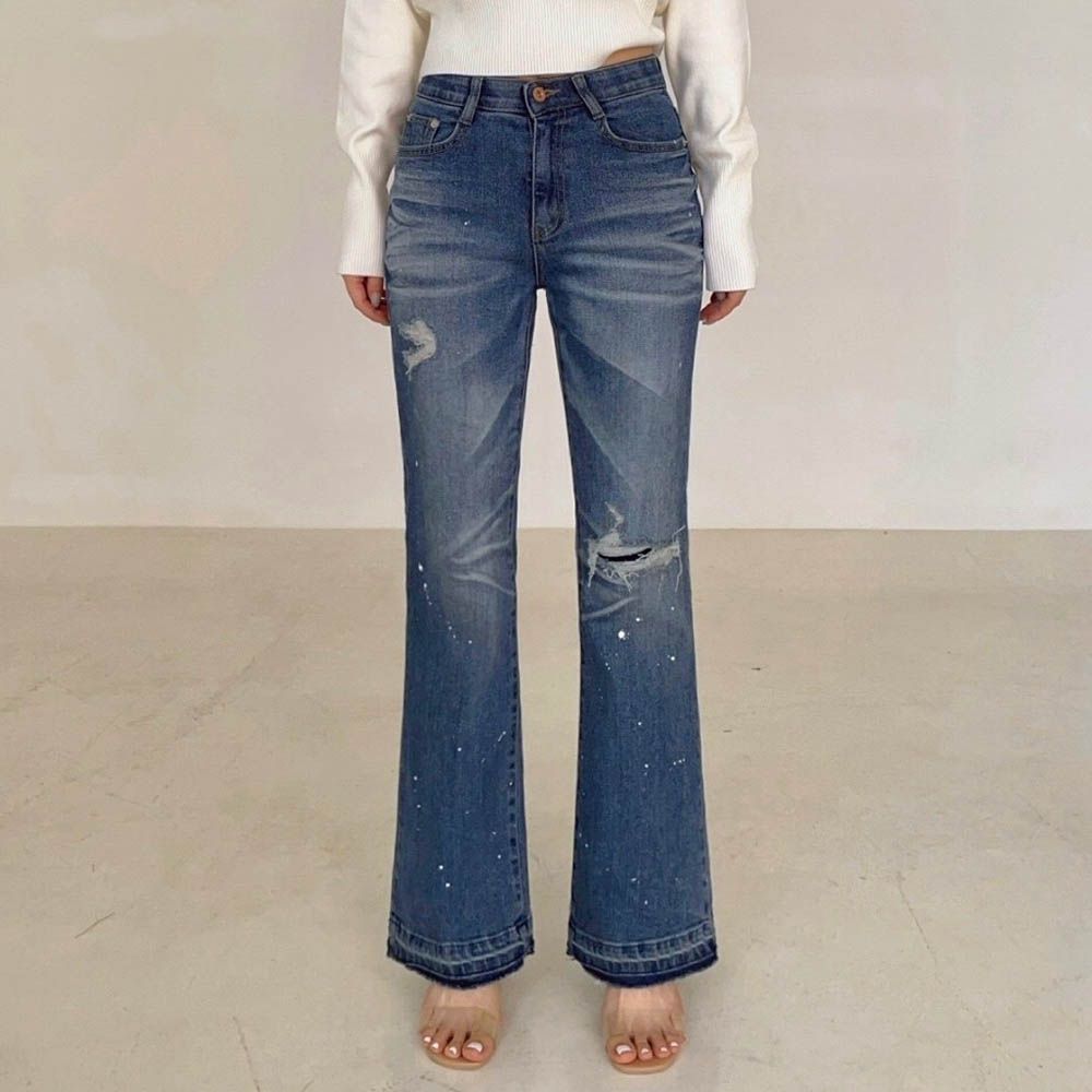 彈性腰嚴選高質感仿舊風丹寧喇叭褲-中青