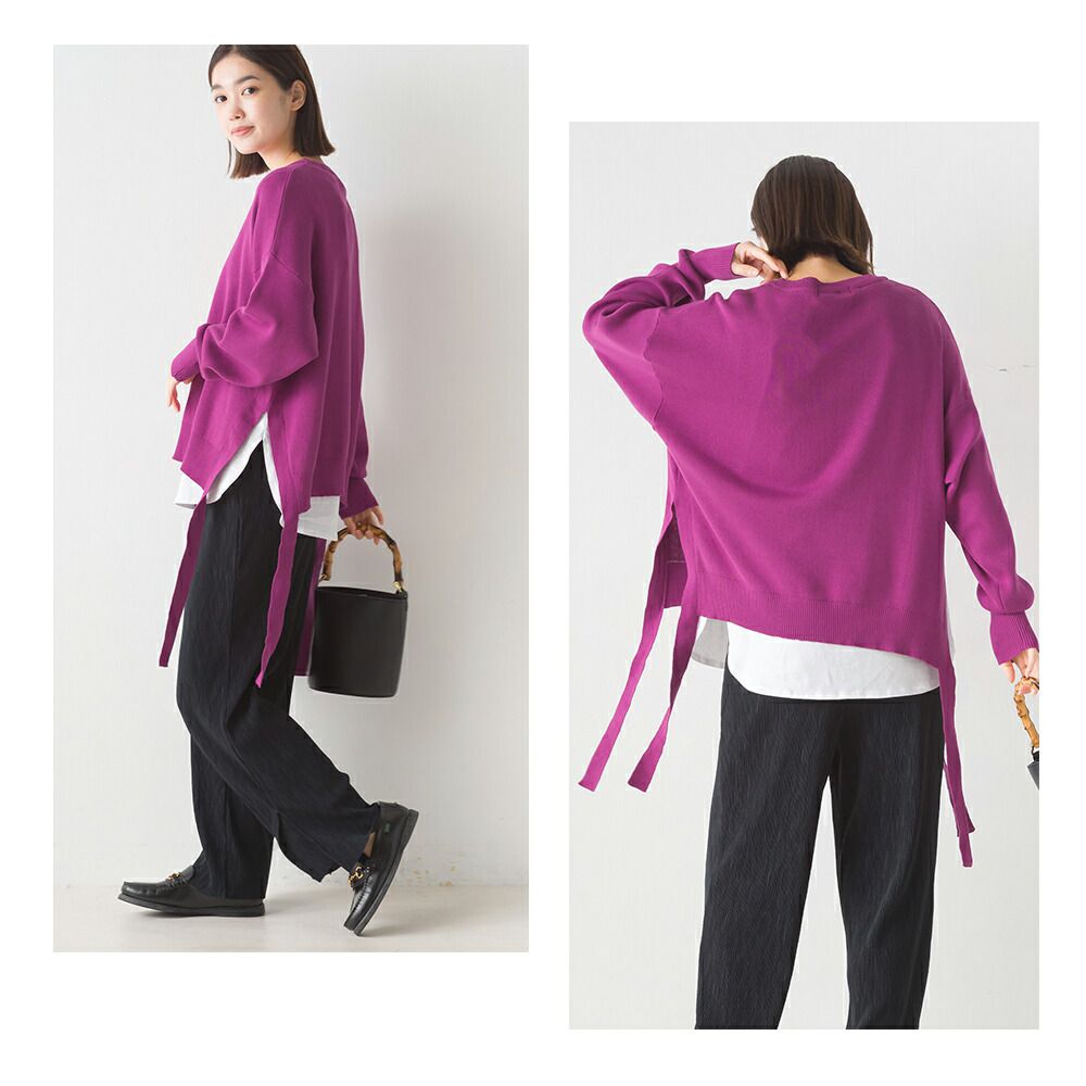 日本 OMNES - 浪漫側紐結兩件式針織上衣-深可可