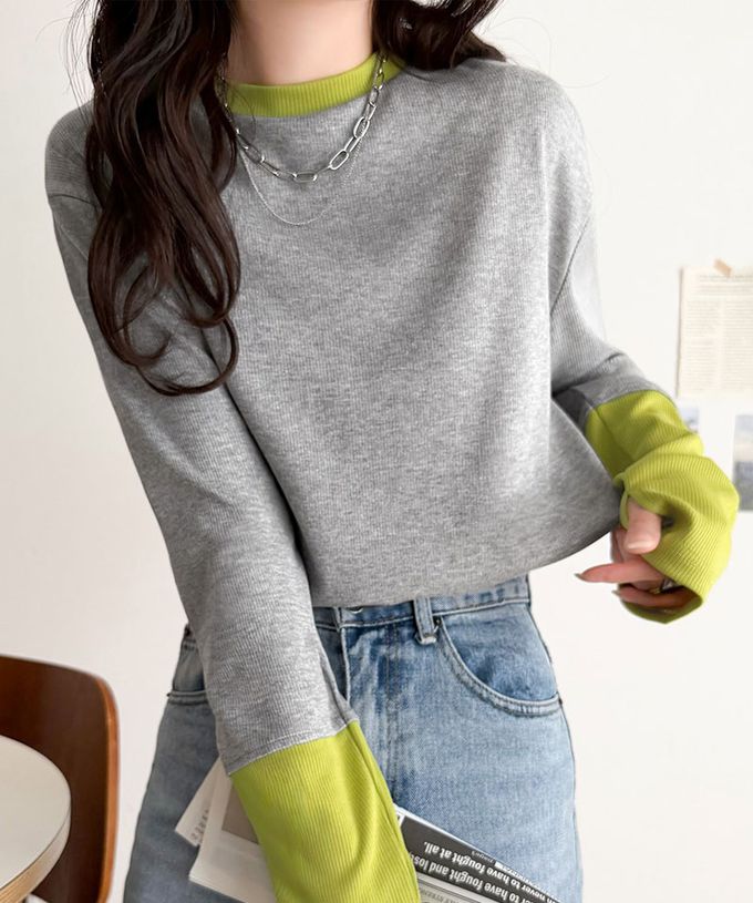 日本 Classical Elf - 時尚配色袖羅紋長袖上衣(指孔設計)-咖啡x水藍