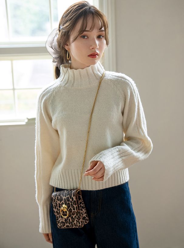 日本 GRL - 寬窄羅紋拼接高領針織毛衣-深灰