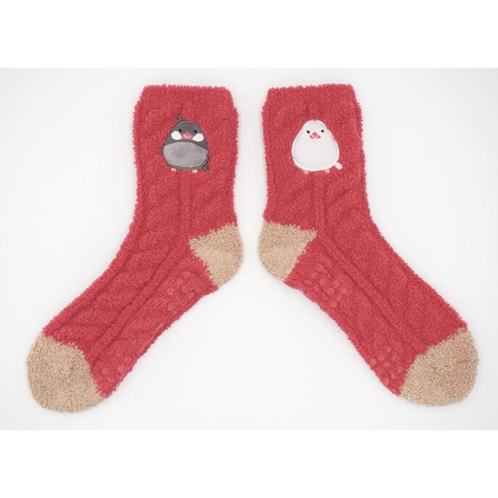 日本 friendshill - 動物刺繡針織保暖長襪(防滑設計)-雙色鳥-粉紅 (22-25cm)
