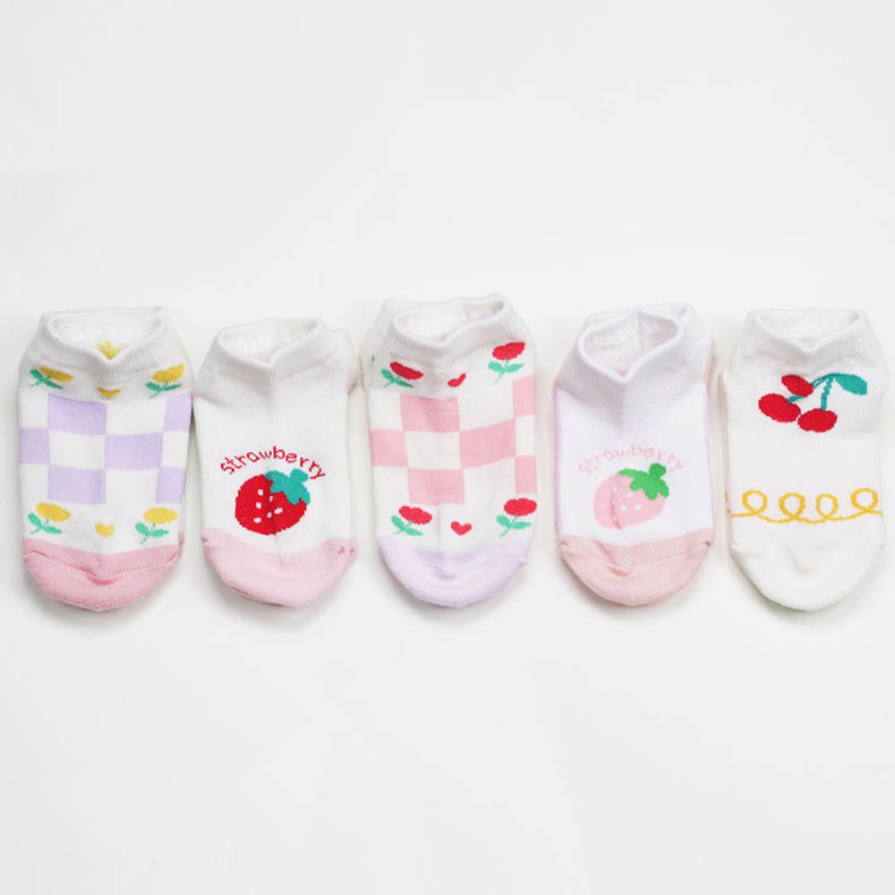 (五入組)韓製兒童短襪-莓果X棋盤格