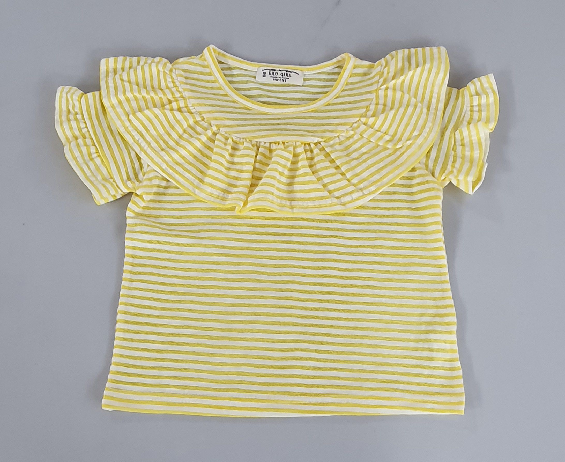 韓國 ERU - 荷葉圓領條紋上衣-鵝黃