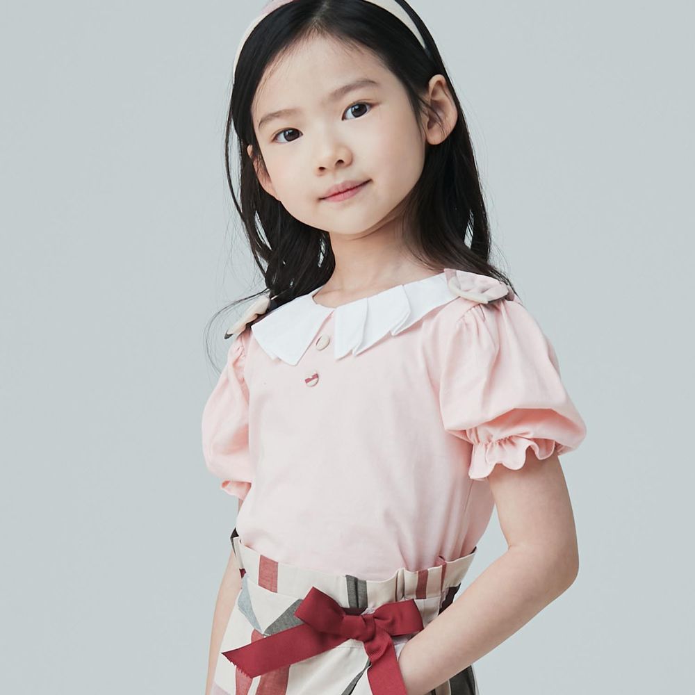 韓國 Coco Bang - 打褶領泡泡袖上衣-淺粉紅