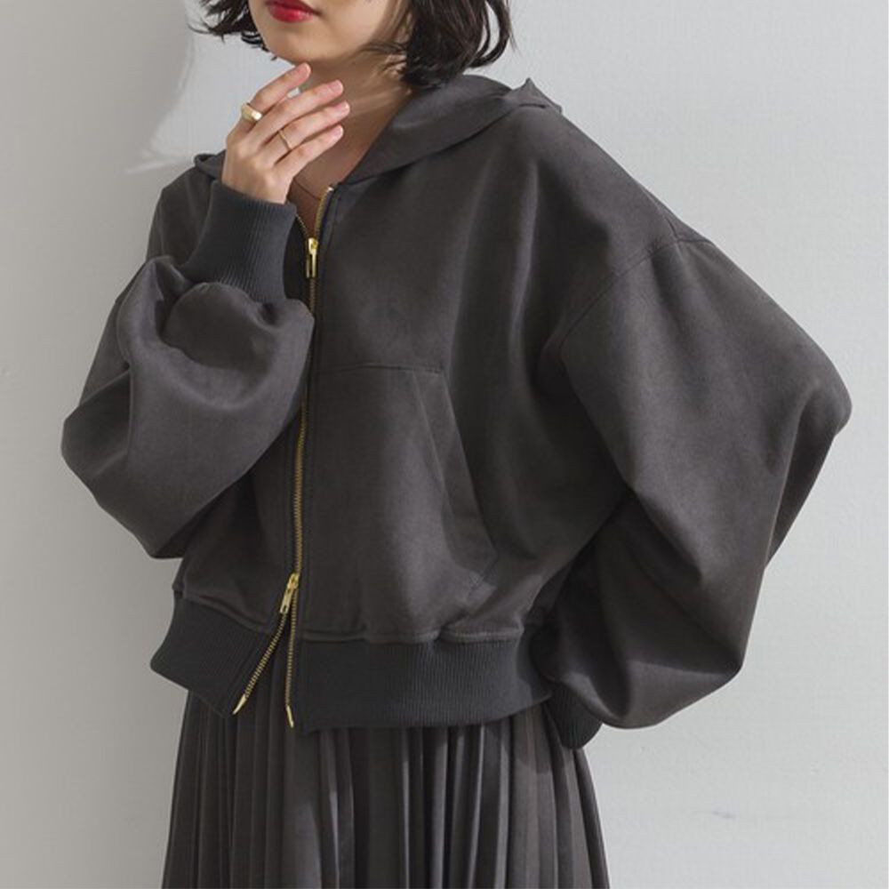 輕盈絨皮感雙拉鏈短版連帽外套-炭灰
