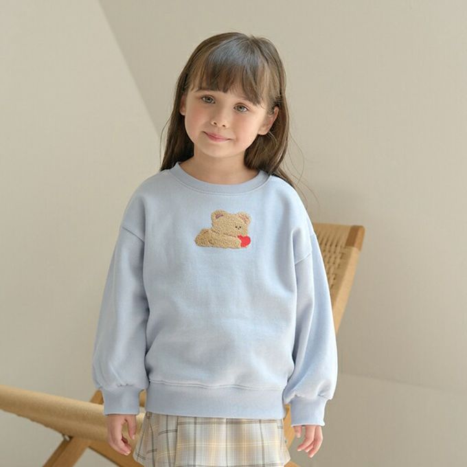日本 Lycee mine - 可愛相良刺繡裏起毛長袖上衣-愛心小熊-淺藍