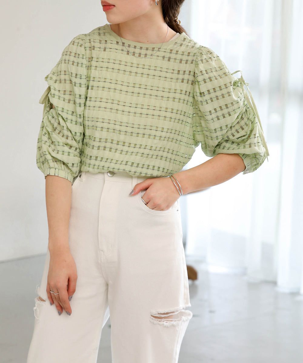 日本 Bab - 甜美格紋抽繩澎澎袖上衣-米杏