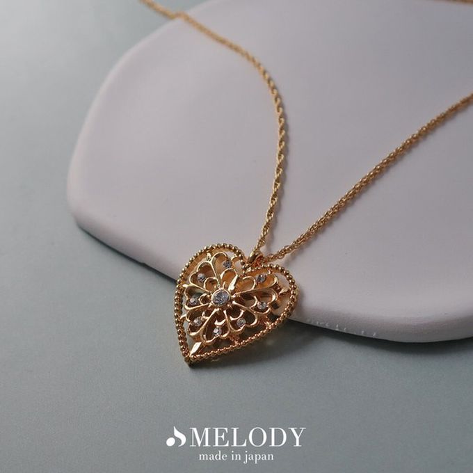日本 Melody Accessory - 日本製 古典鏤空心形寶石長項鍊-玫瑰金