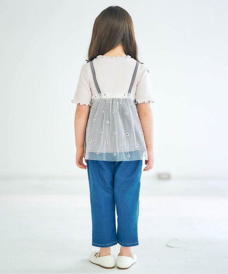 日本 apres les cours - 花朵刺繡拼接夢幻短袖上衣-卡其x粉紅