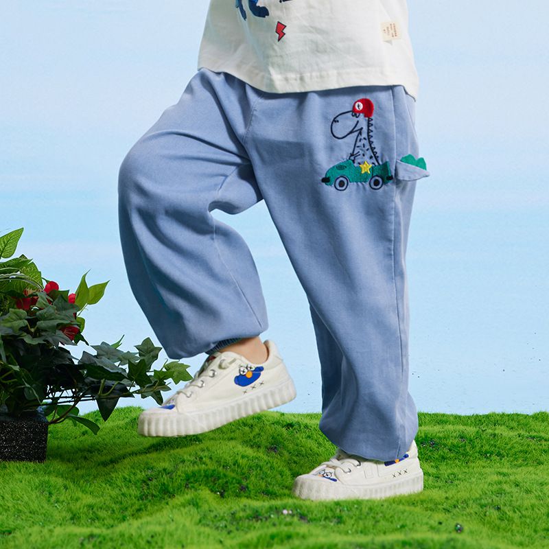 百搭牛仔束口長褲/防蚊褲-恐龍開車-牛仔藍