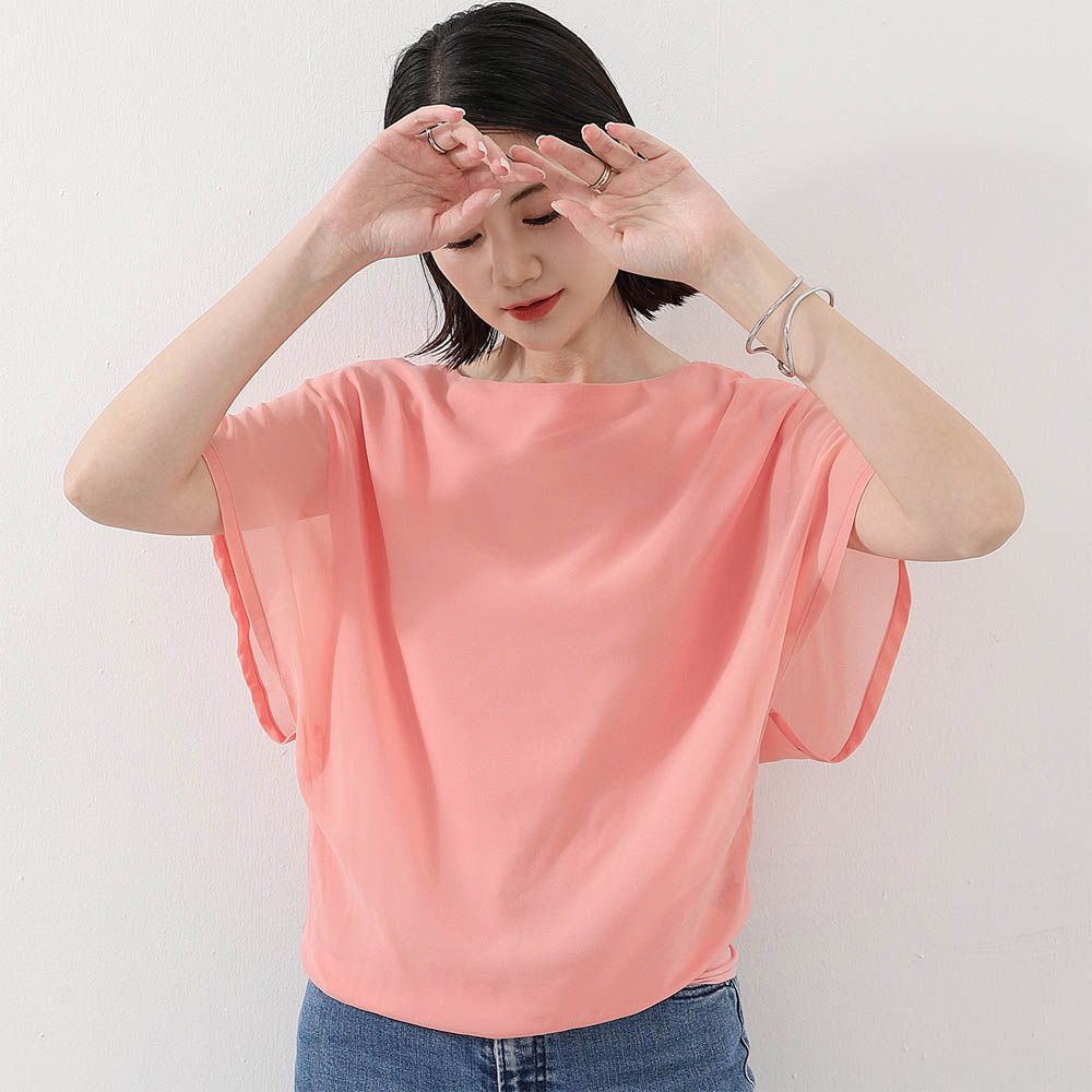 氣質雪紡透膚荷葉袖上衣-粉橘