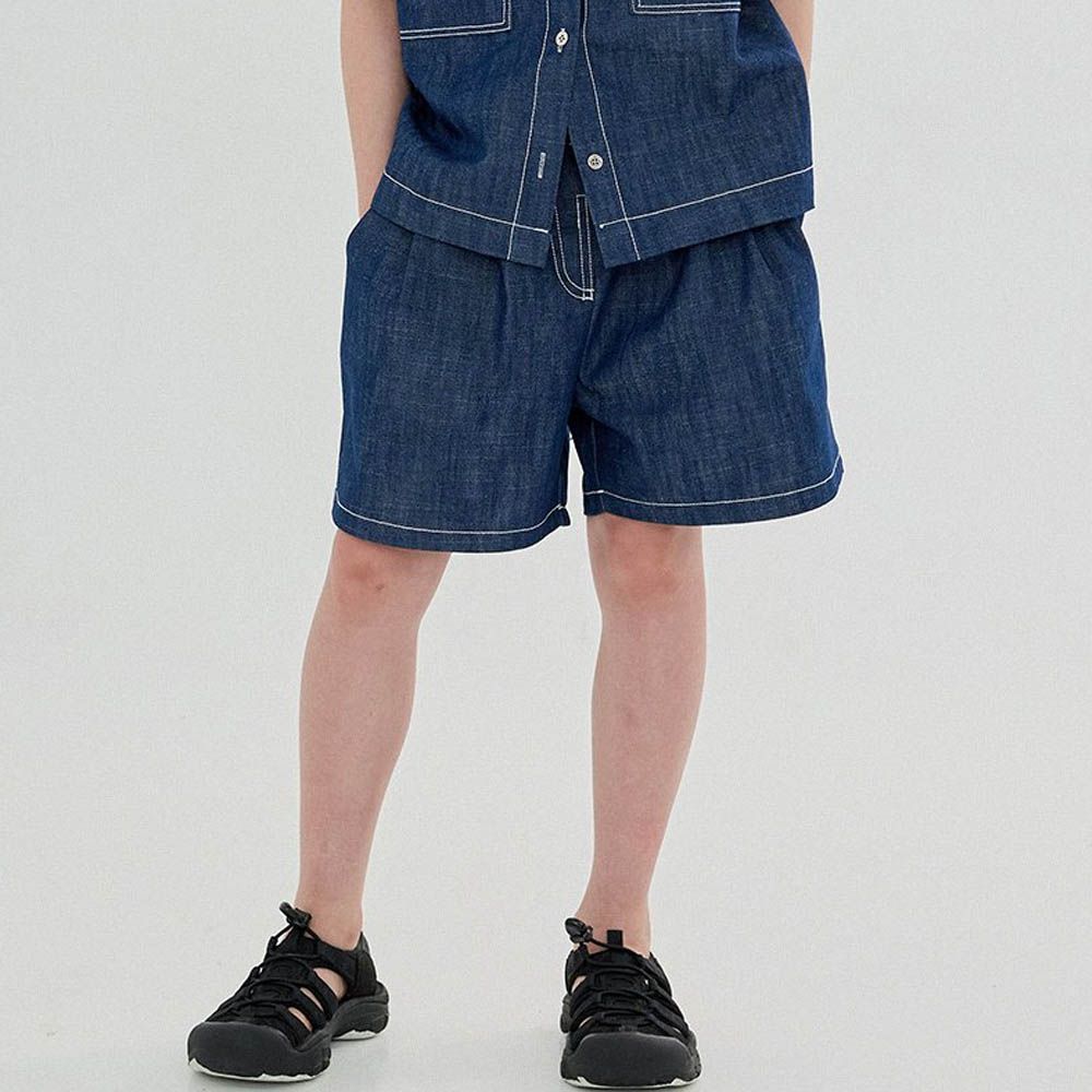 後鬆緊男孩寬鬆丹寧風短褲-深藍
