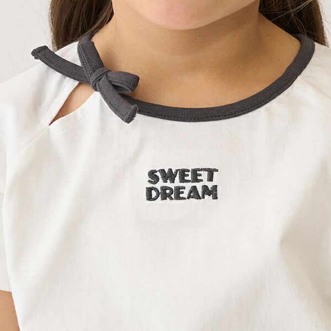 日本 Lycee mine - 柔軟緞帶領刺繡短袖上衣-藍