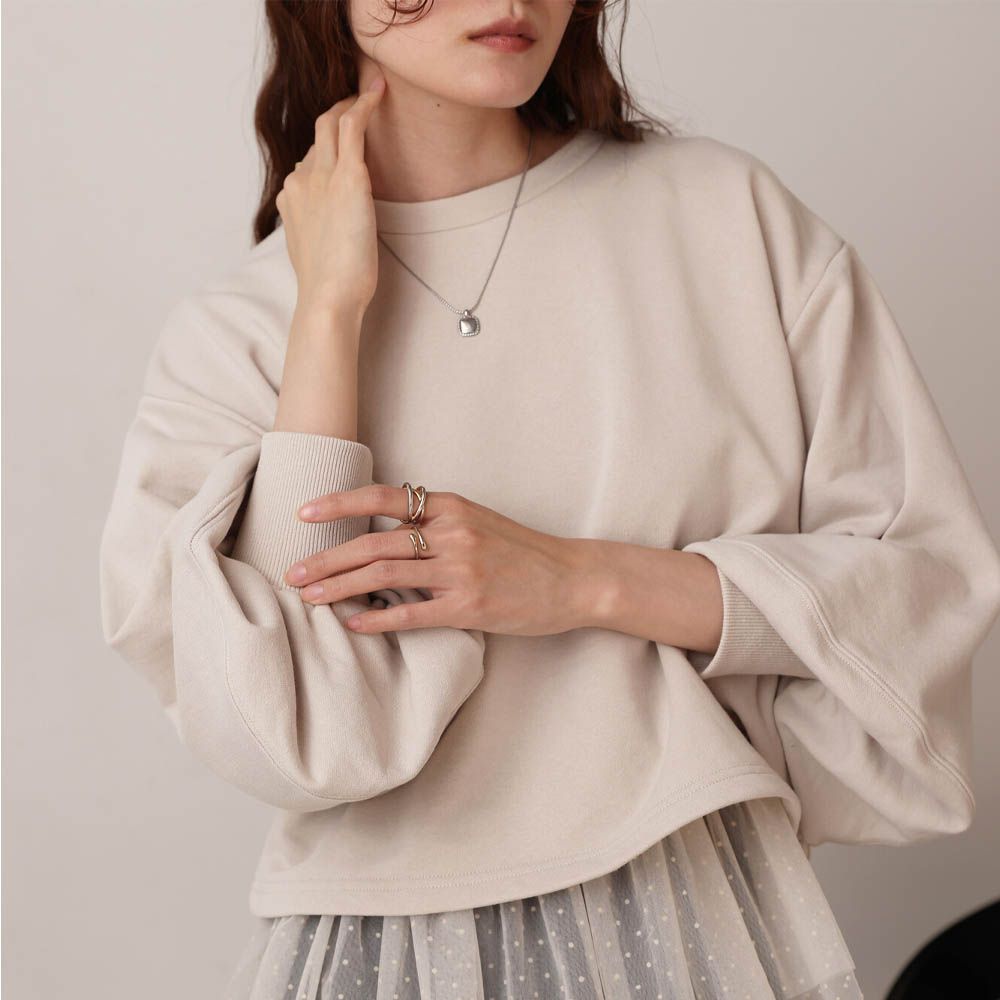 浪漫層次吊帶+裏毛上衣(2件組)-圓點薄紗-淺杏