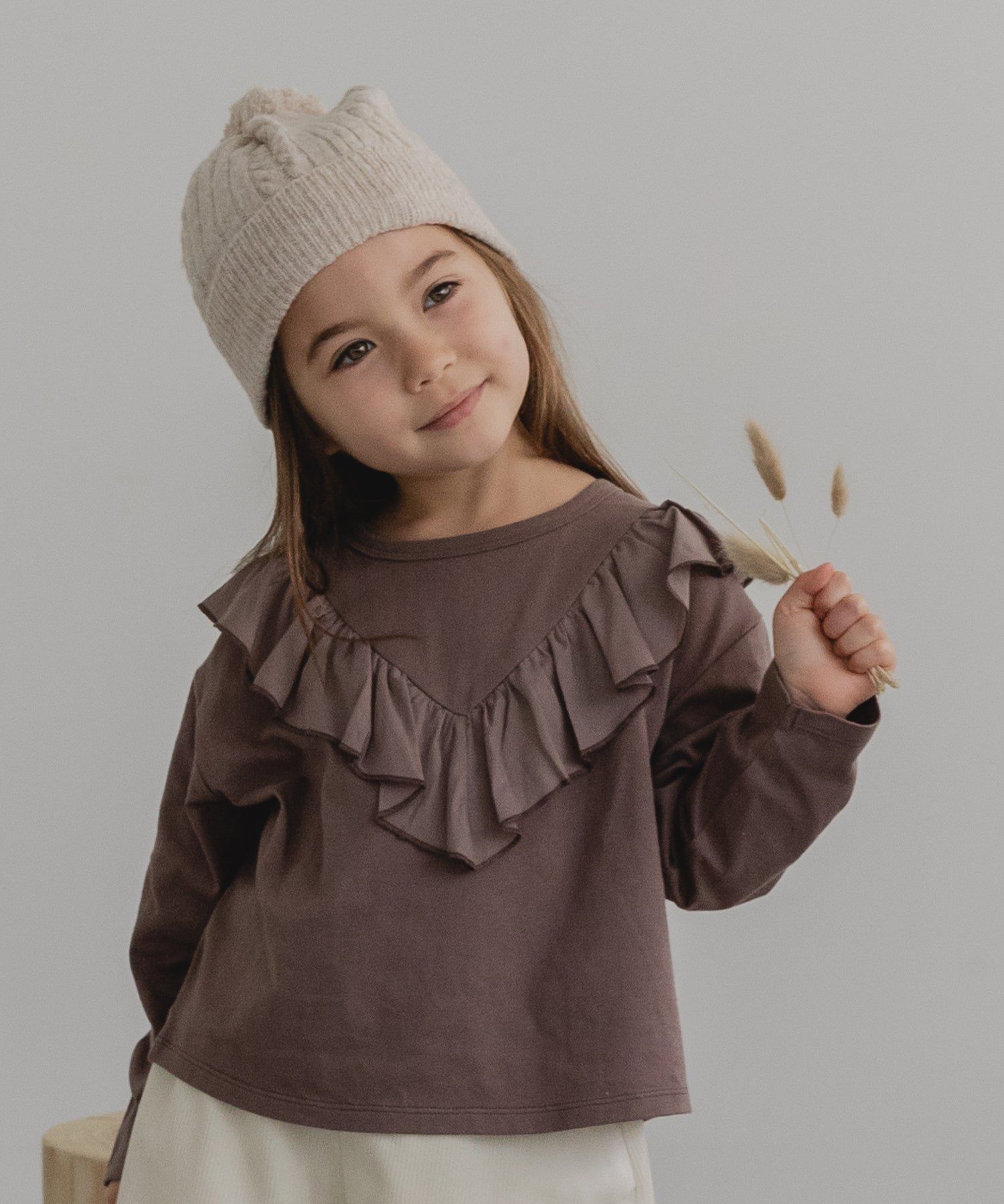 日本 PAIRMANON - 柔棉100% 可愛捲邊薄長袖上衣-桃粉