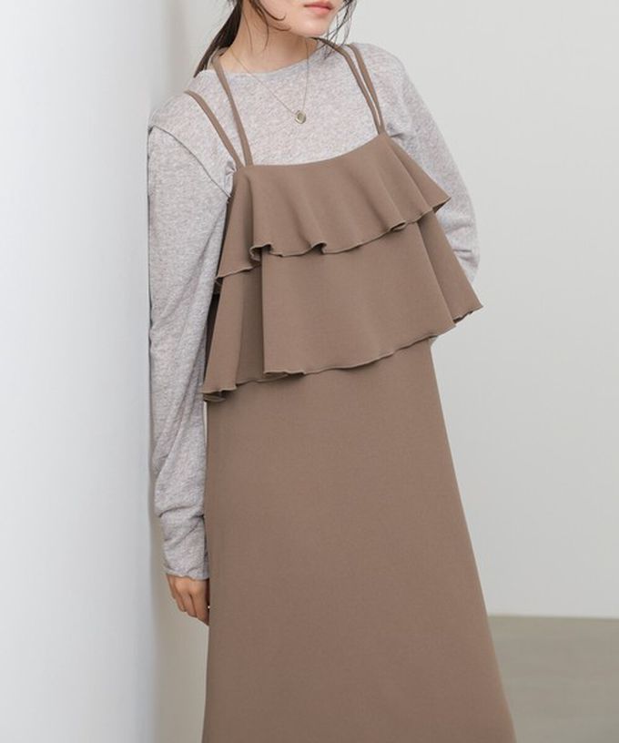 日本 Bab - 優雅綁帶層疊喬其紗細肩帶洋裝-摩卡